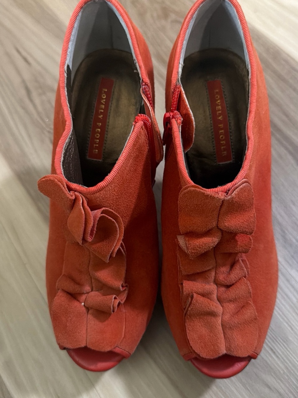 Orange Suede Ruffle Peep-Toe Mules